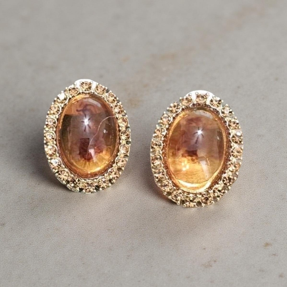 Oval Amber Resin Cabochon Gold Rhinestone Halo Stud Earrings Glam Bold; NWOT